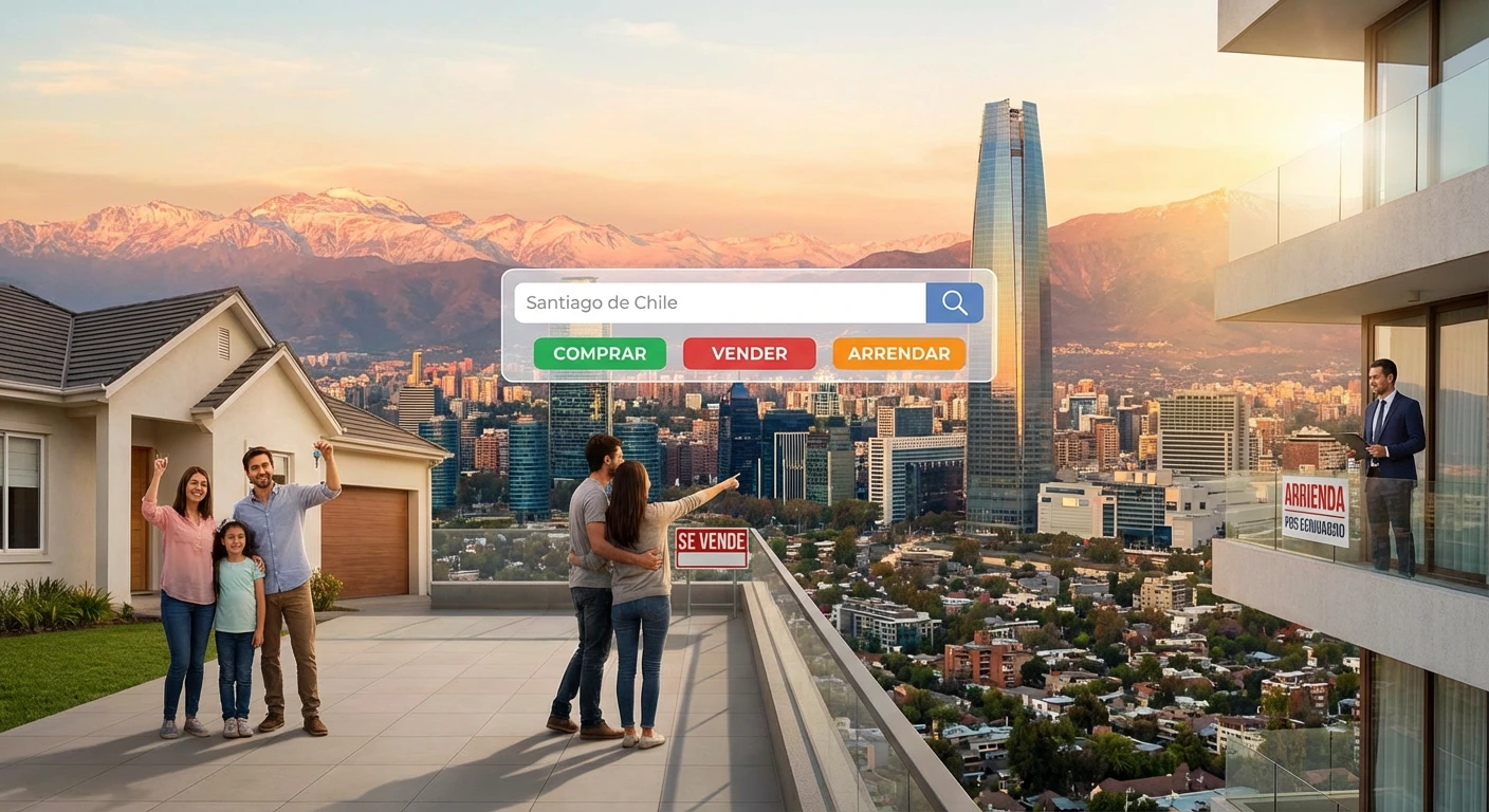 Familias chilenas frente a sus propiedades con vista panorámica de Santiago, la cordillera de los Andes y la torre Costanera al fondo